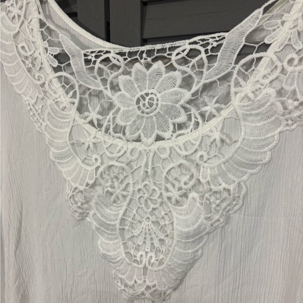 HALO White Boho Lace Gauze Top Size L Crochet Trim Festival Beach Blouse - Picture 3 of 15
